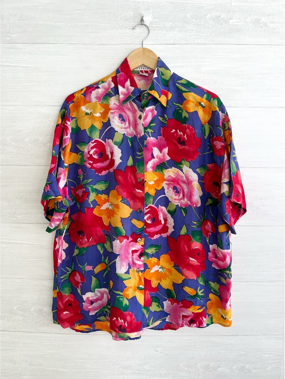 Vintage Express 100% Silk Floral Button Up Shirt Women’s M Oversized 90s